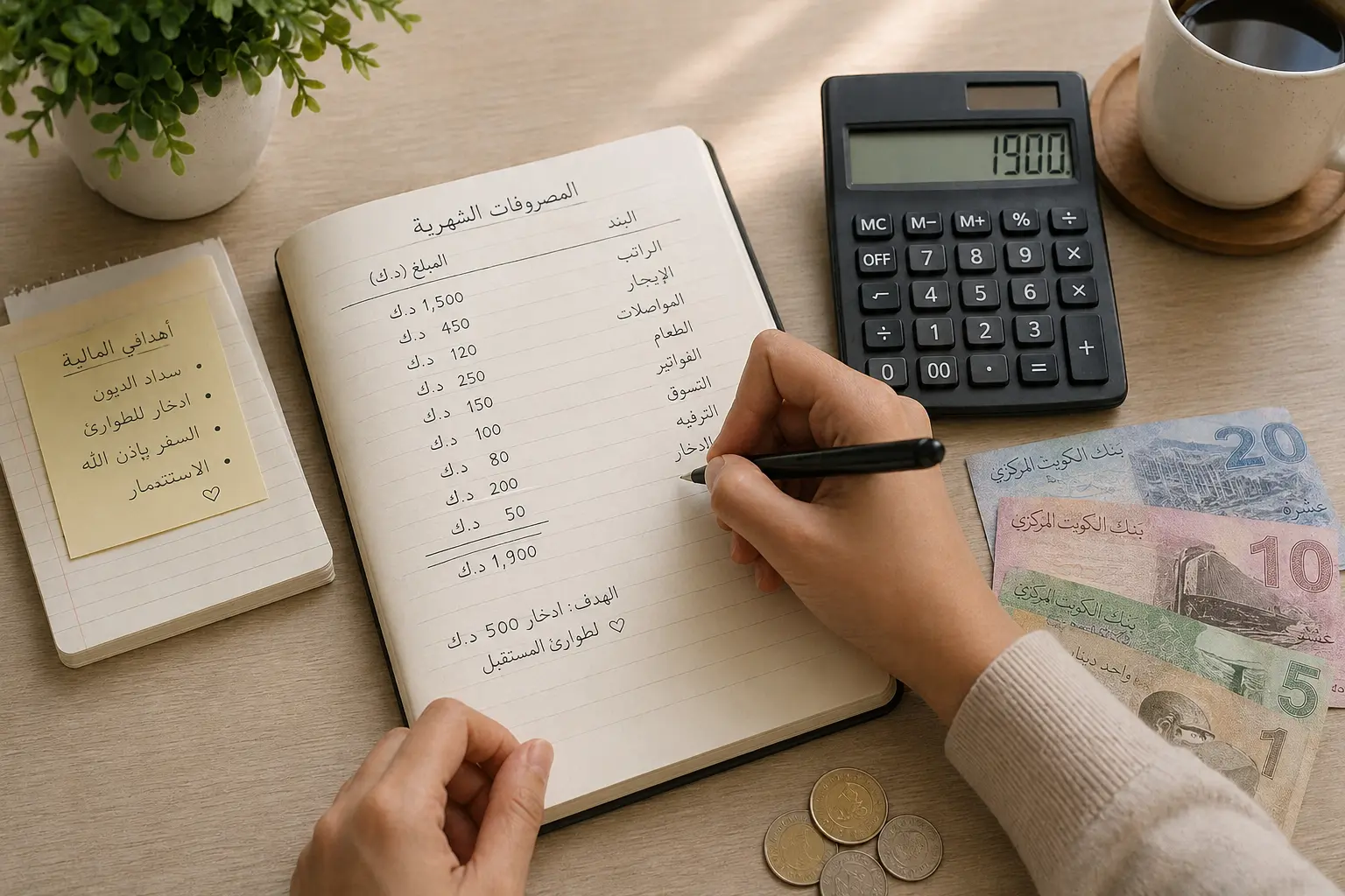 كتابة ميزانية شهرية يدويًا باستخدام دفتر وآلة حاسبة لتتبع المصاريف
