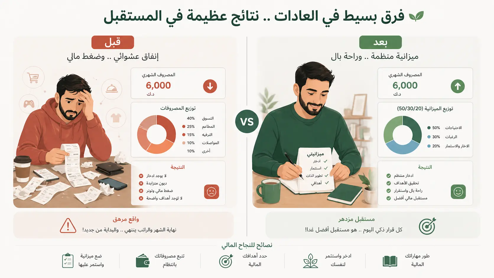 مقارنة المصاريف قبل وبعد تقليلها