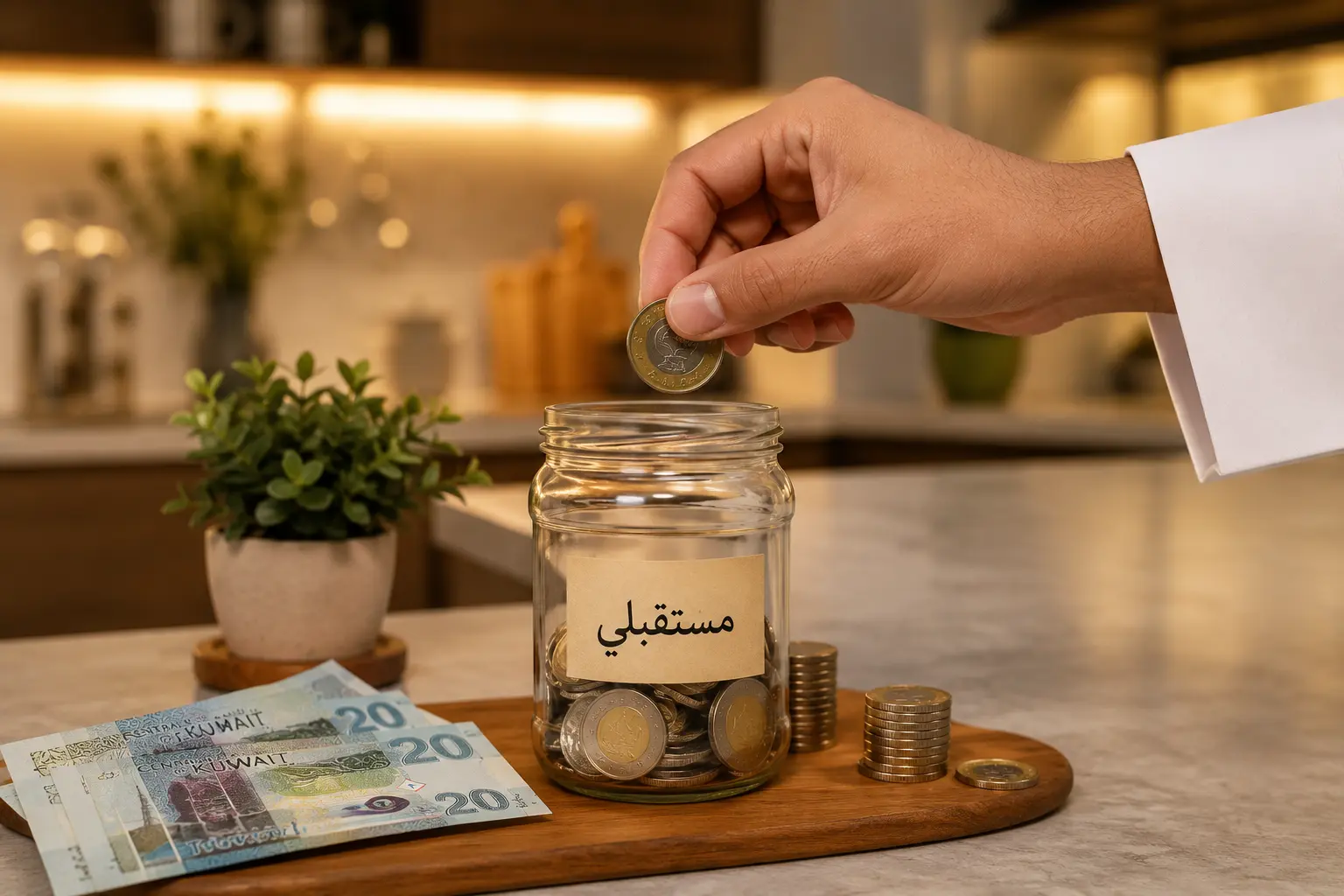 يد تضع عملة كويتية داخل برطمان ادخار زجاجي على سطح مطبخ بإضاءة دافئة، مع أوراق نقدية وعملات كويتية في مشهد يرمز للادخار التدريجي وبناء مستقبل مالي أفضل.