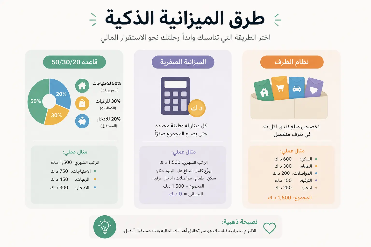 طرق إعداد الميزانية الذكية مثل قاعدة 50/30/20 وميزانية الصفر ونظام الأظرف