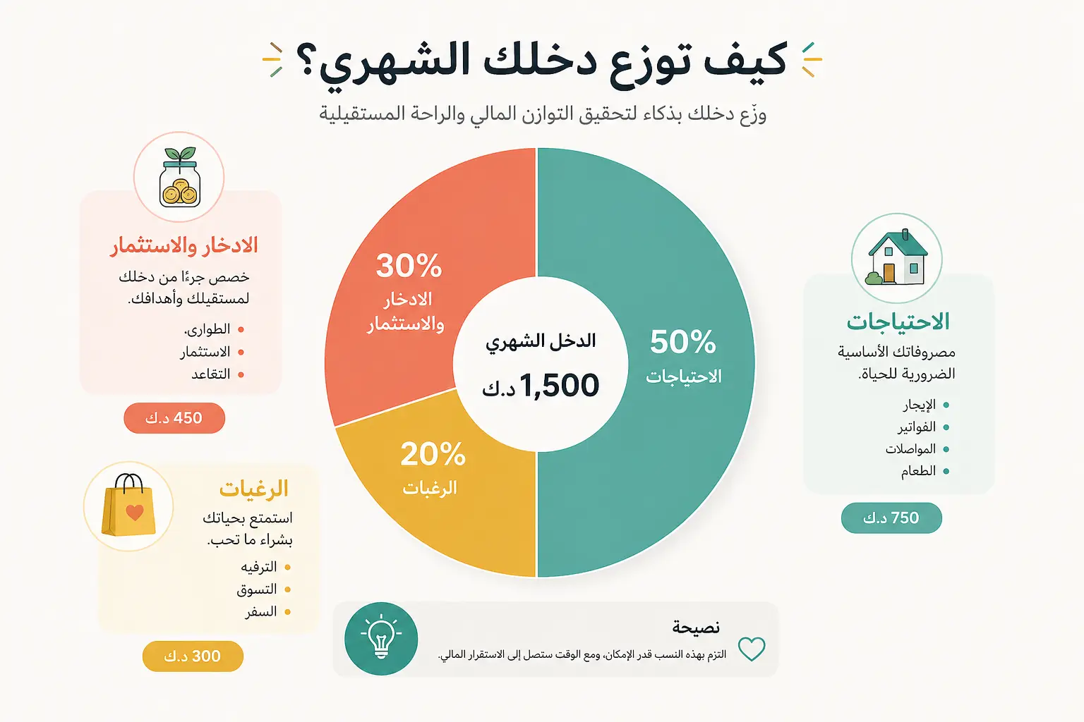 توزيع الدخل الشهري بطريقة 50/30/20 مع شرح فئات المصاريف والادخار